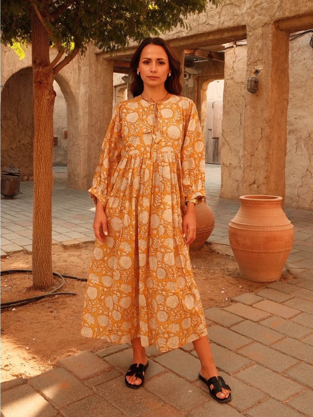 Mustard Floral Long Sleeve Midi Dress